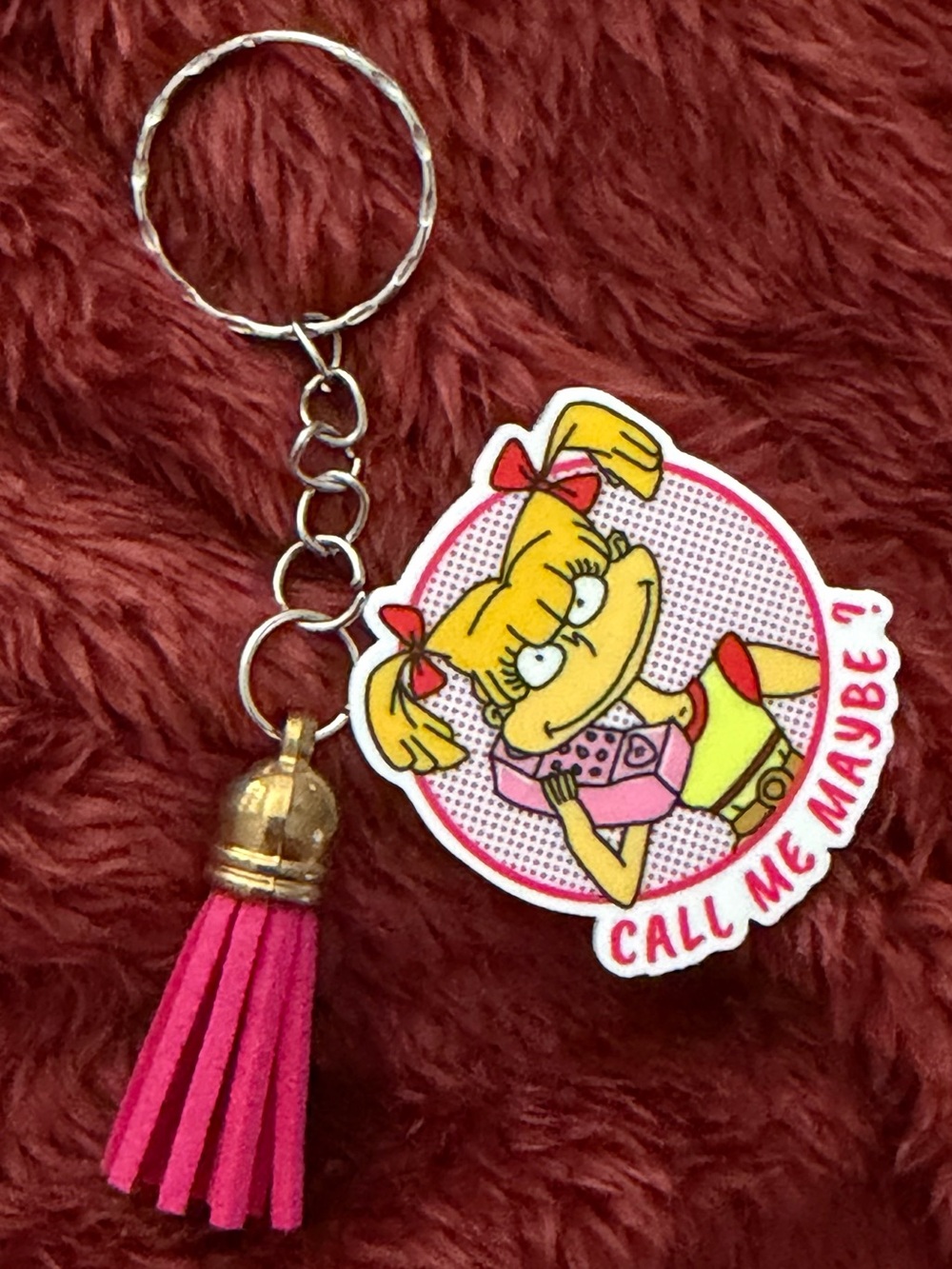 Pink 'Call Me Maybe?' Cartoon Keychain with Tassel
